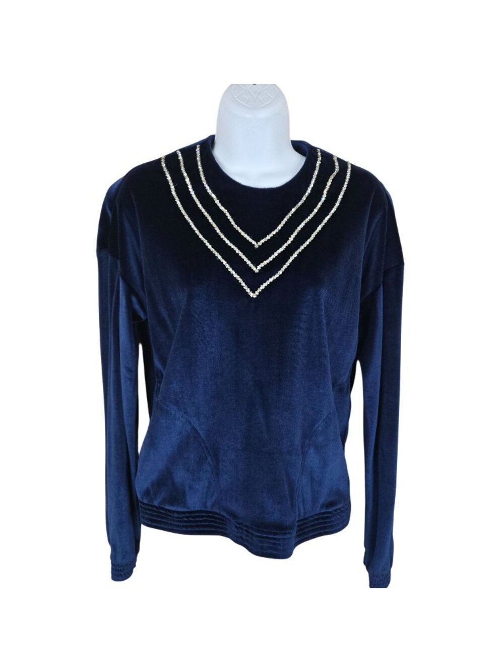 Vintage 70s Navy Blue Velvet Top Blouse Rhinestone Disco Size Medium